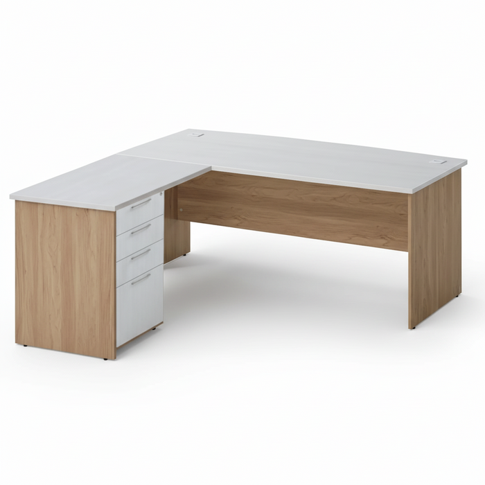 Executive desk with light wood panels, white return, and three-drawer pedestal