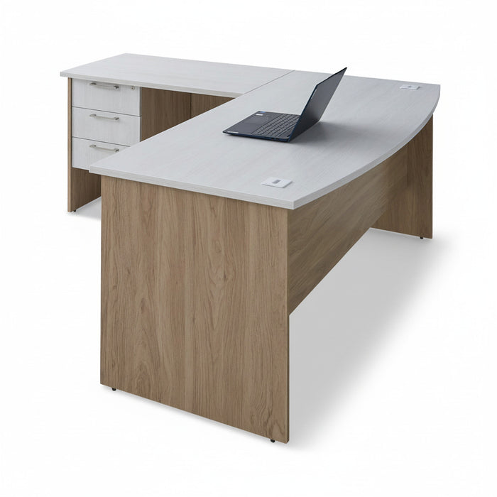 Executive desk with light wood sides, white top, and built-in drawer cabinet