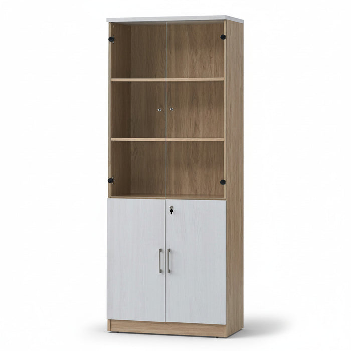 Wood bookshelf with three open shelves and two lower cabinet doors, light oak finish