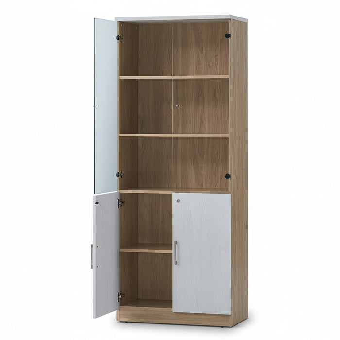 Wood bookshelf with open side door revealing shelves and cabinet compartment, light oak