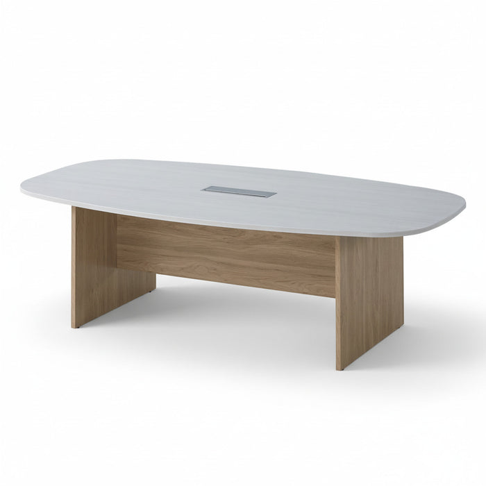 Conference table with oval light wood top and natural oak base, built-in cable grommet