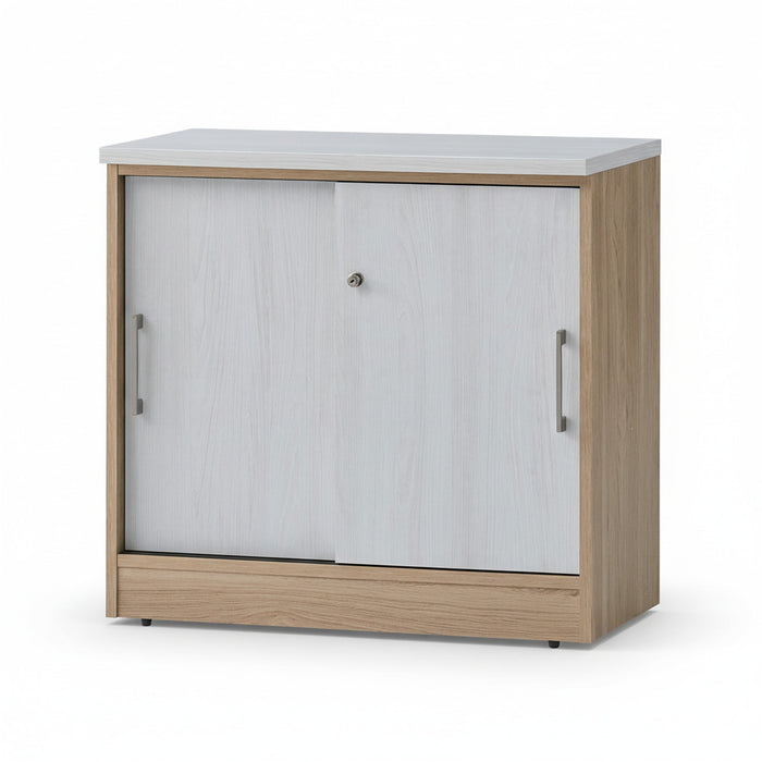 Low sliding door cabinet, white and oak wood finish, flat top, metal pulls