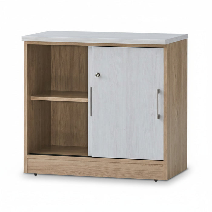 Low sliding door cabinet with open side shelf, white panel door, oak frame