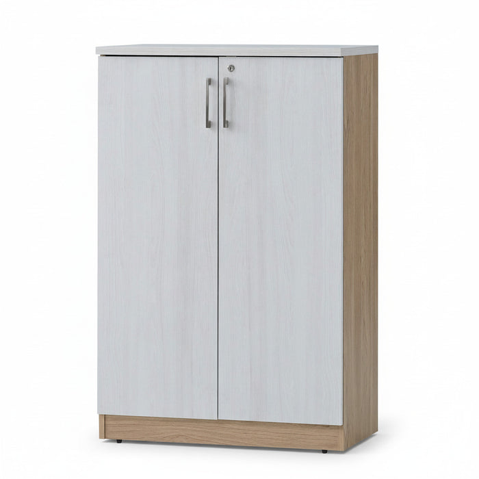 Medium height cabinet with white wood door and metal hinges, natural wood base