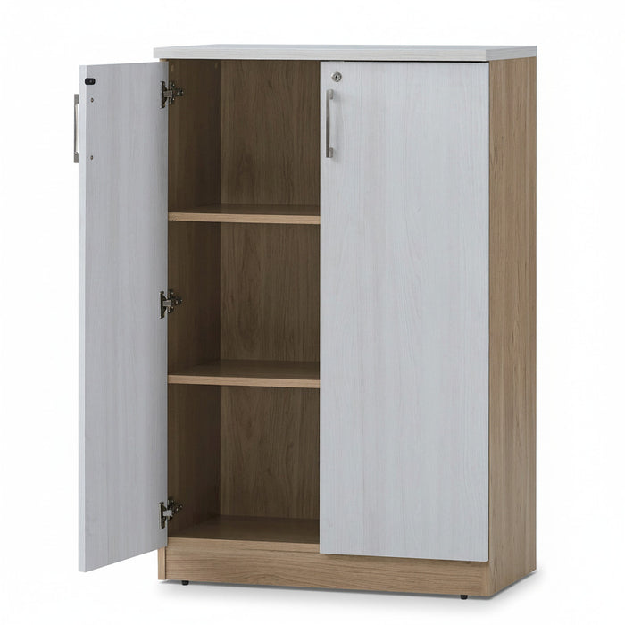 Medium height cabinet with open white door showing two interior shelves and hinges