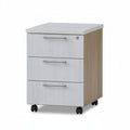 Mobile pedestal cabinet, three light gray drawers, natural oak sides, on casters