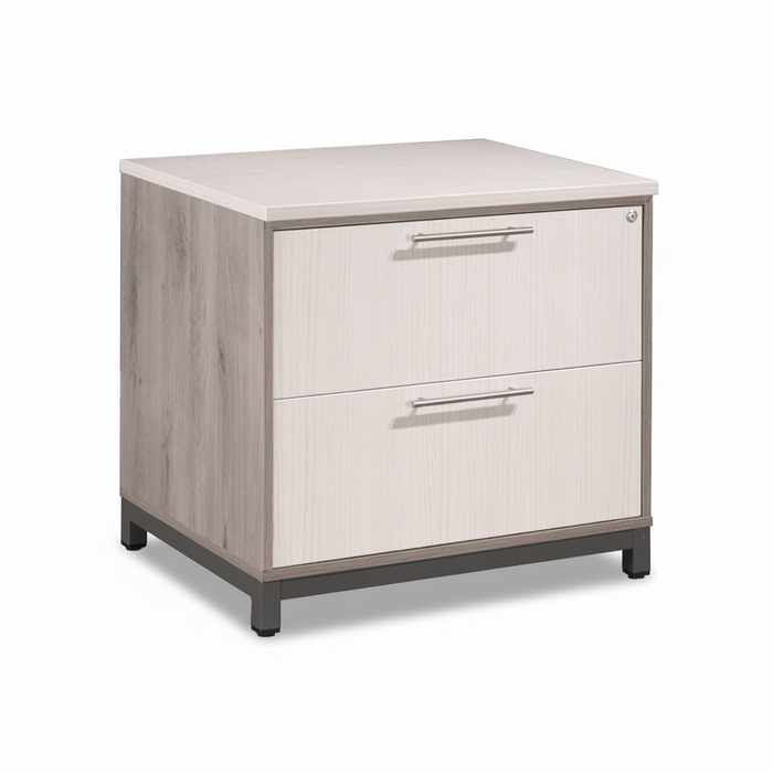 Two-drawer lateral filing cabinet with light wood front, gray wood sides, and metal pulls