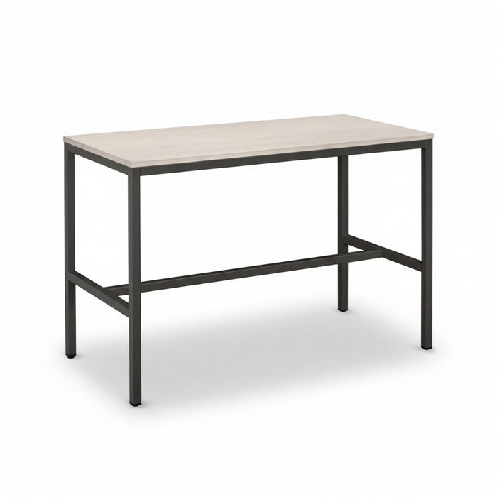 High office desk with light wood top and dark metal frame, open shelf