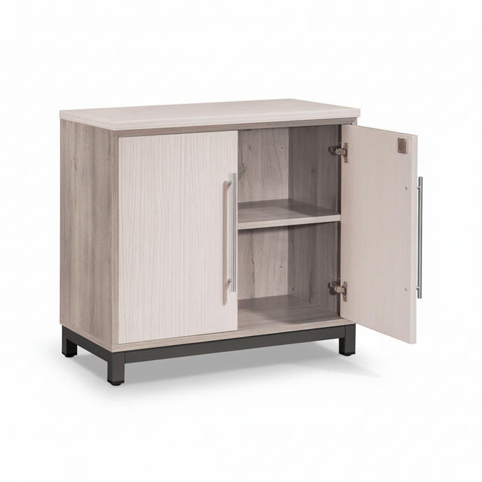 Low swing door cabinet with one door open, showing shelves and light wood interior