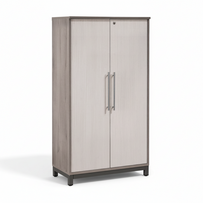 Medium height cabinet with wood double doors and vertical bar handles, white oak finish