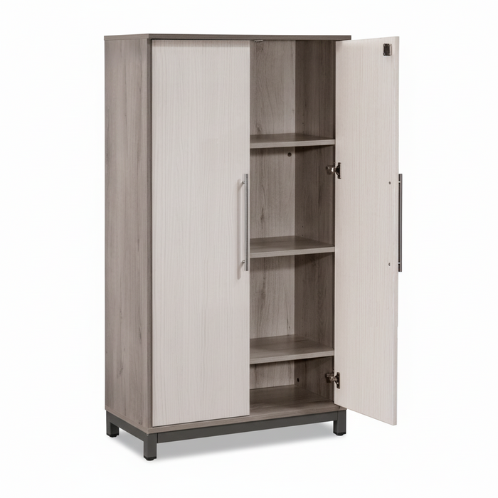 Medium height cabinet open with three interior shelves, wood frame, white oak finish