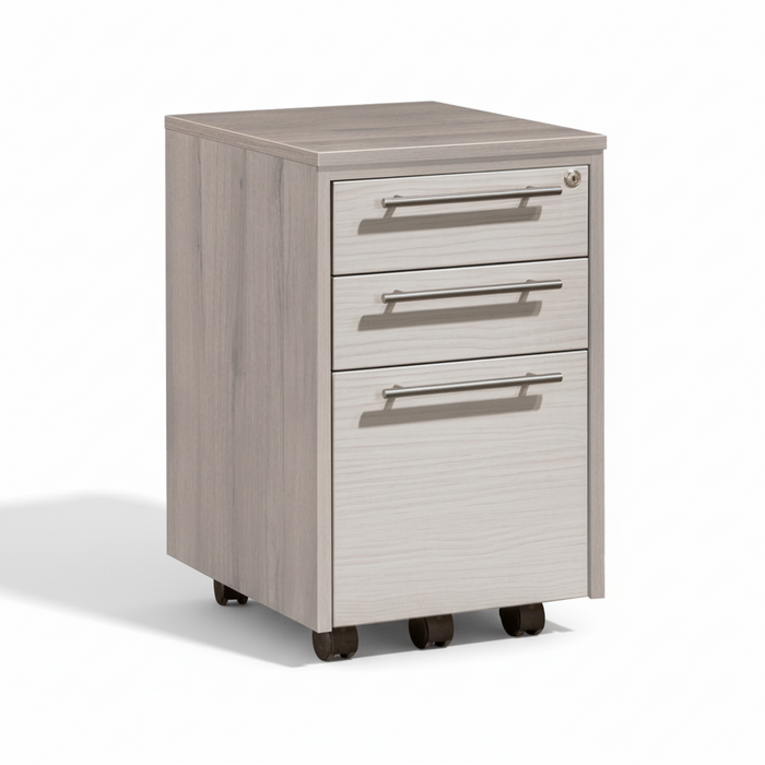 Mobile pedestal cabinet with three drawers, light wood front and gray sides, on casters