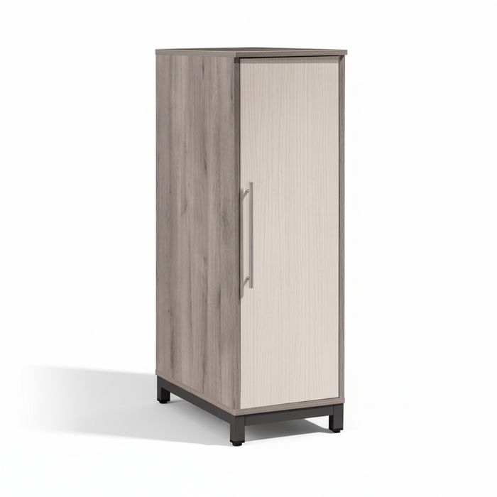 Medium-height wooden cabinet with single door and metal legs, front view