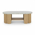 NELDA center table with speckled light stone top and light wood rounded legs