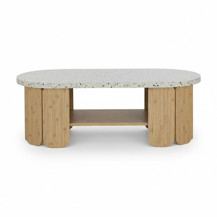 NELDA center table with speckled light stone top and light wood rounded legs