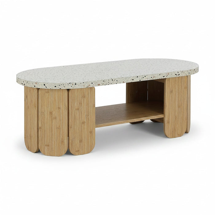 Center table with curved wood legs and speckled tabletop; open lower shelf