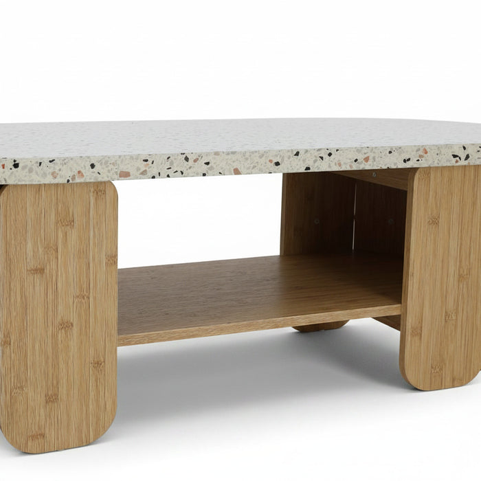 Center table lower shelf and side frame in light wood with speckled tabletop