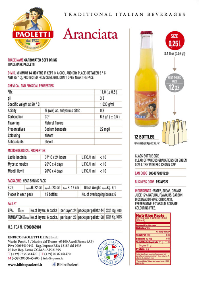 Paoletti Aranciata 4-pack / 250ml Each Bottle