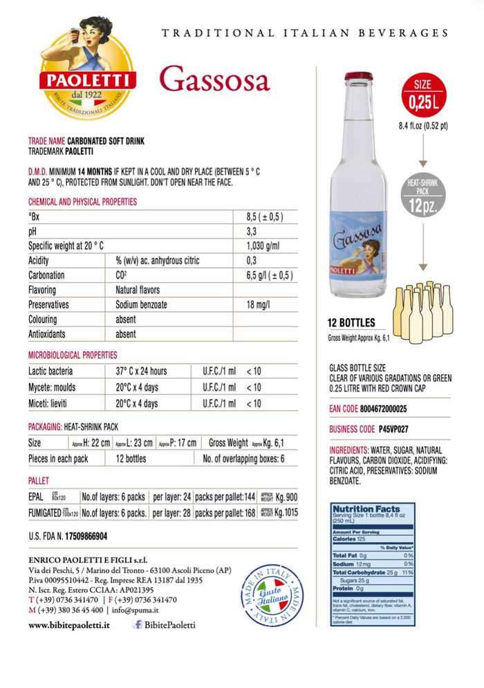 Paoletti Gassosa, Soft Drink, Made in Italy, 8.4 fl oz | 250ml