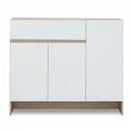 Shoe cabinet with white doors, light wood top rail and base, three-panel front.
