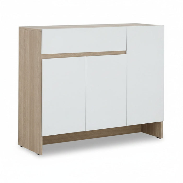 Shoe cabinet with light wood side panels and white door sections, flat simple fronts.