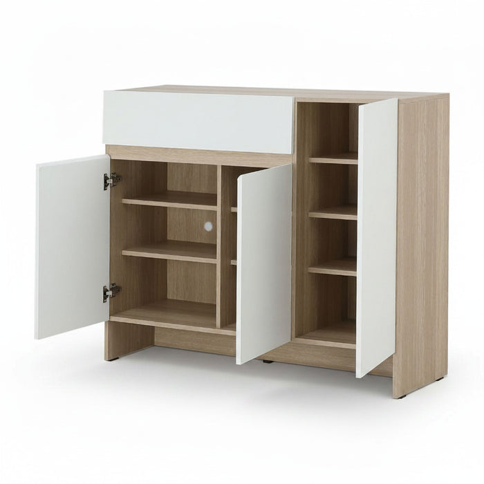 Shoe cabinet with two open doors showing multiple light-wood shelves inside.