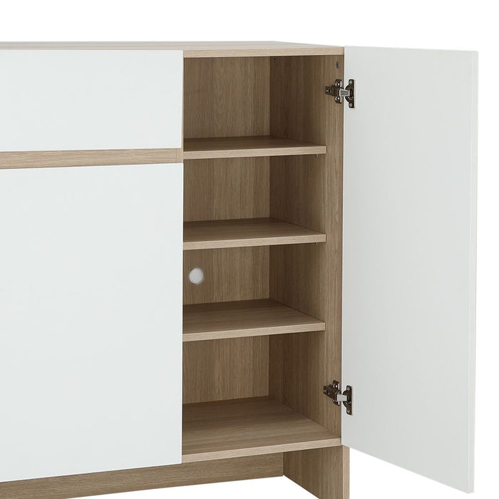 Shoe cabinet open door with light-wood shelves and metal hinges, white outer panel.