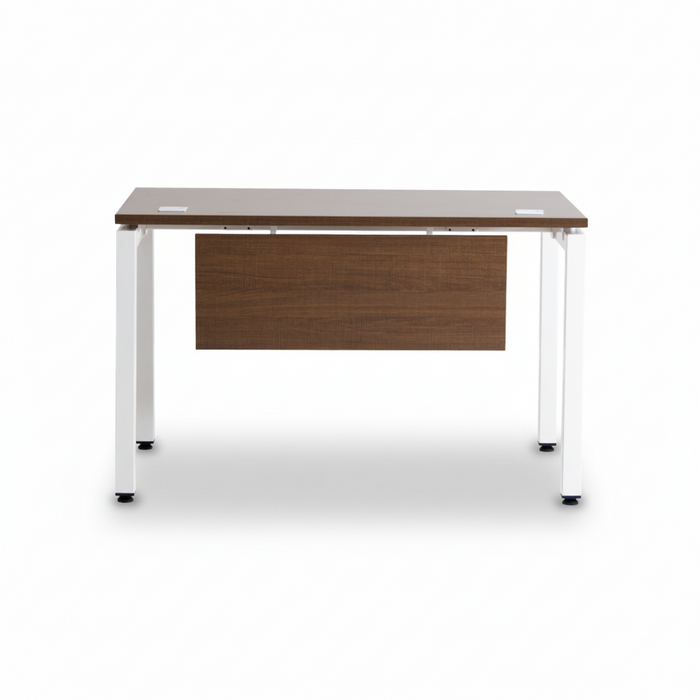 Walnut office desk with drawer front panel and white metal frame