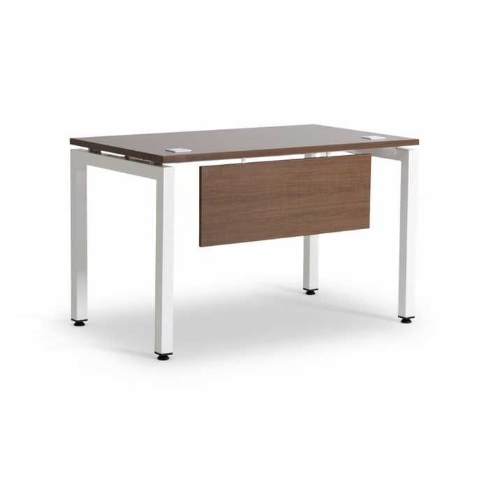 Walnut office desk with drawer and white metal supports