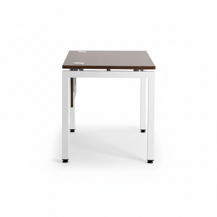 Walnut office desk with brown top and white metal frame, corner view