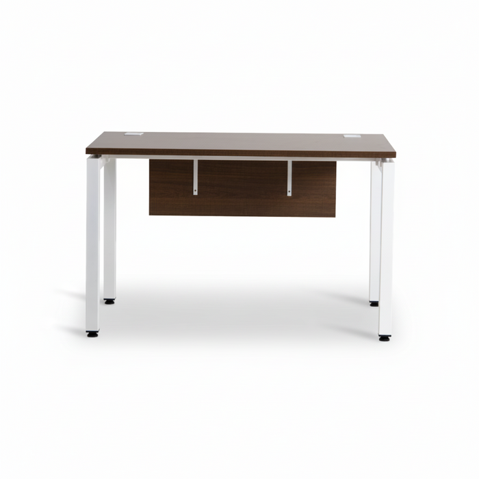Walnut office desk with central drawer and white metal legs