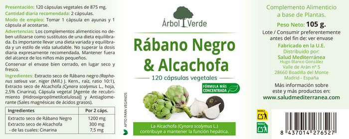 Rabano Negro y Alcachofa - 120 Capsulas. Herbolario S. Mediterránea
