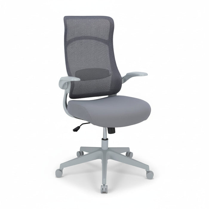 Grey executive office chair with breathable mesh back, padded seat, and armrests