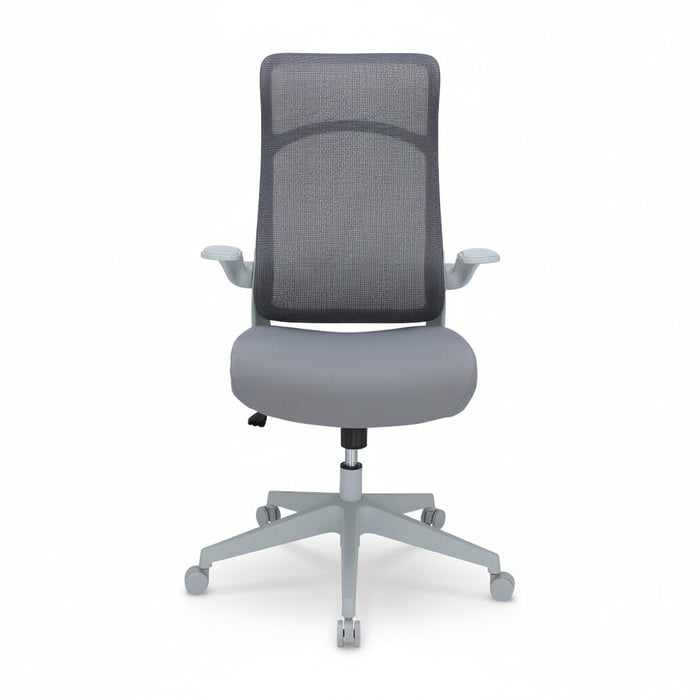 Grey executive office chair rear view with mesh back panel and five-star caster base