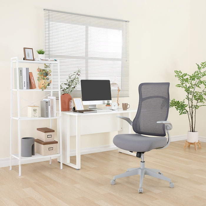 Grey executive office chair with mesh back, cushioned seat, and swivel base with arms