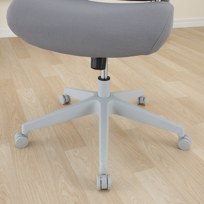 Grey upholstered executive chair seat with white five-star base and caster wheels