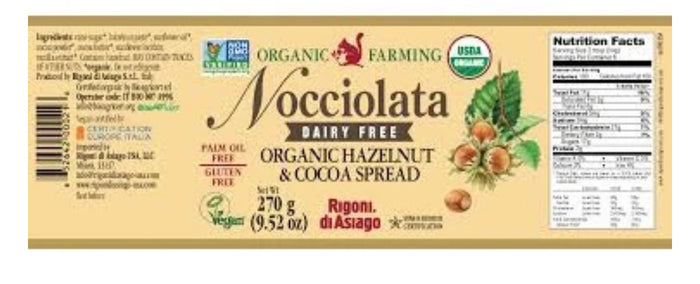 Rigoni di Asiago / Nocciolata Organic Hazelnut Spread Dairy Free with Cocoa and Milk - 9.52 oz (Case of 6Jars )