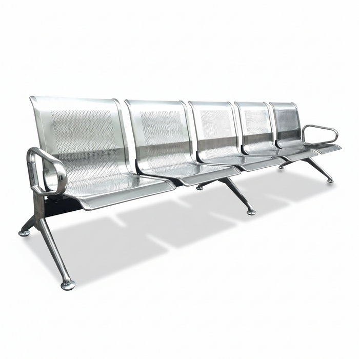 5-seater gang chair with silver mesh seats and armrests, metal frame