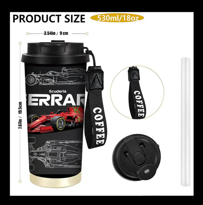 Scuderia Ferrari - Race Water Bottle - Brushed Steel - 1pc 18oz Stainless Steel Travel Mug with Lid