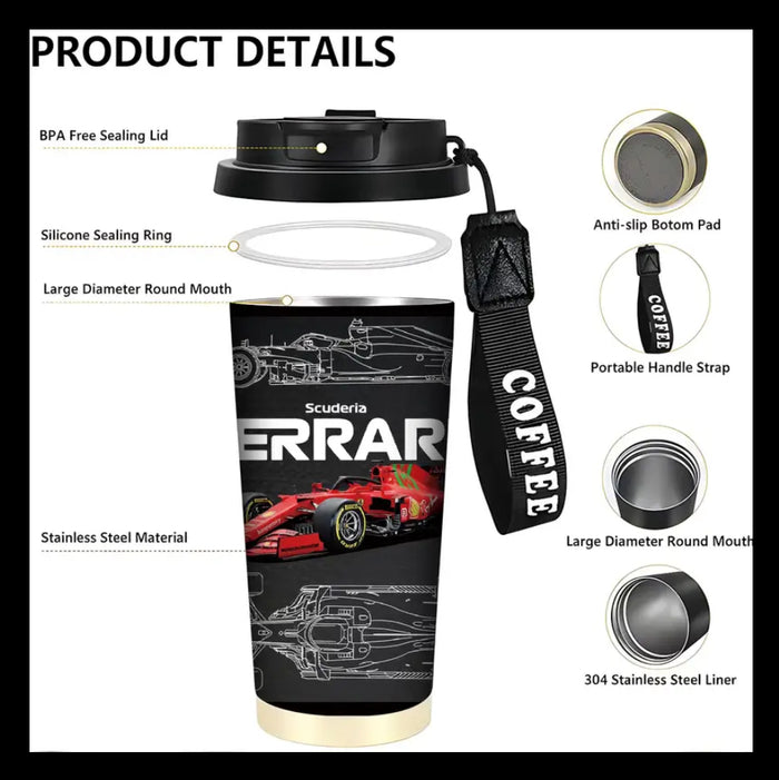 Scuderia Ferrari - Race Water Bottle - Brushed Steel - 1pc 18oz Stainless Steel Travel Mug with Lid