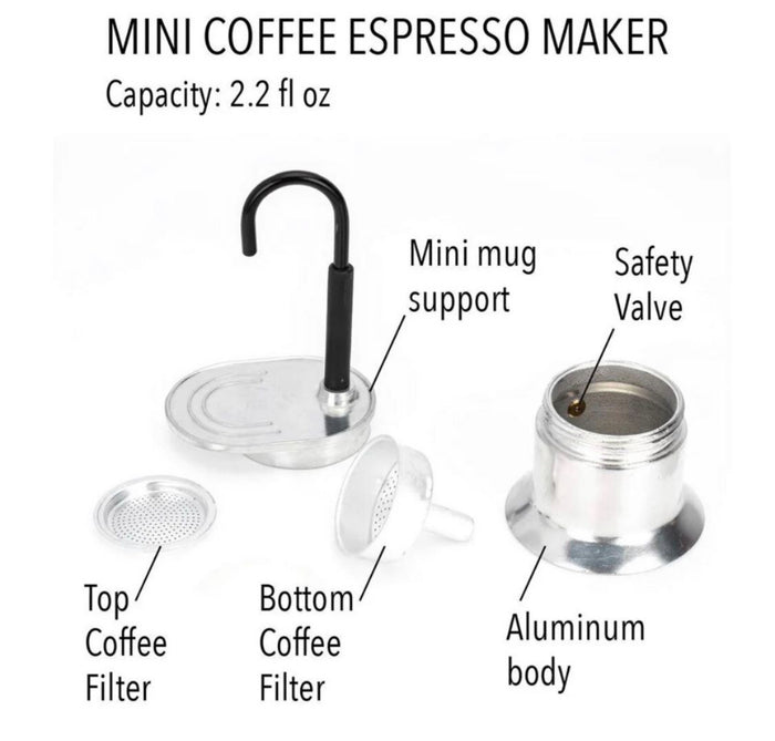 Single Cup Espresso Moka Maker & New Black Vergnano Porcelain Espresso Cup & Saucer