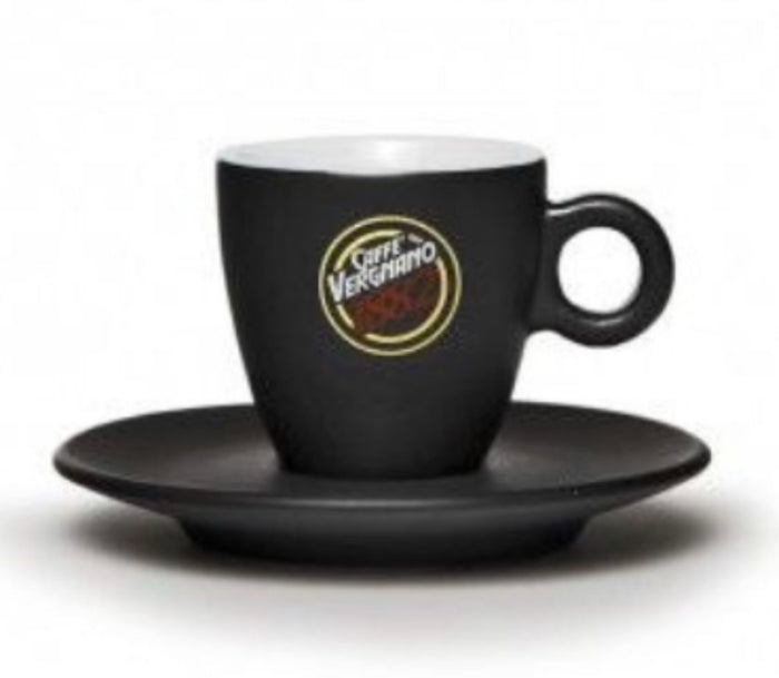 Single Cup Espresso Moka Maker & New Black Vergnano Porcelain Espresso Cup & Saucer