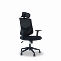 Black executive chair three-quarter view with headrest, mesh back, padded seat, and armrests