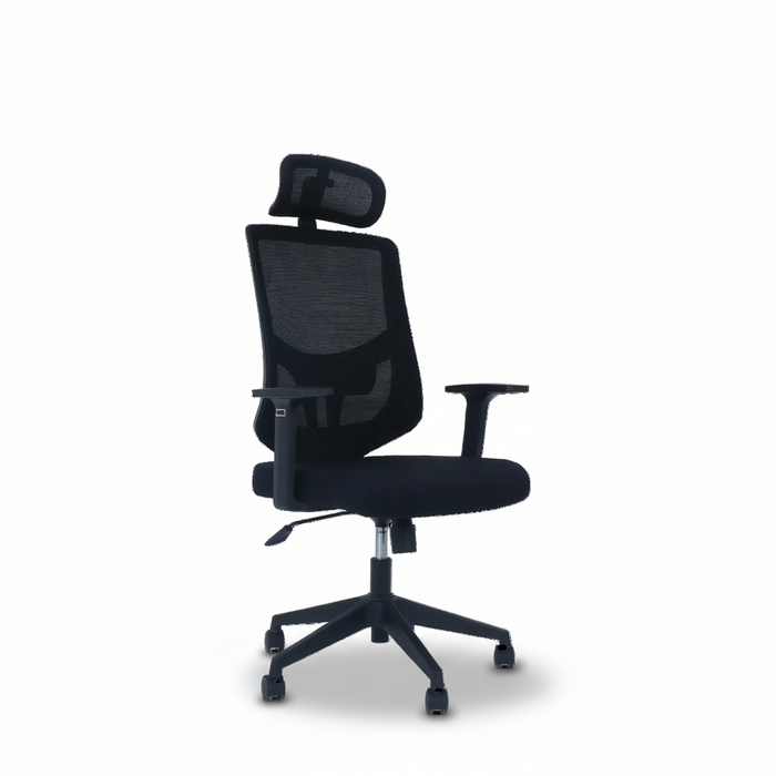 Black executive chair three-quarter view with headrest, mesh back, padded seat, and armrests