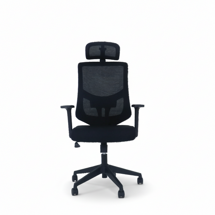 Black executive chair with mesh back, padded seat, armrests, and five-star caster base