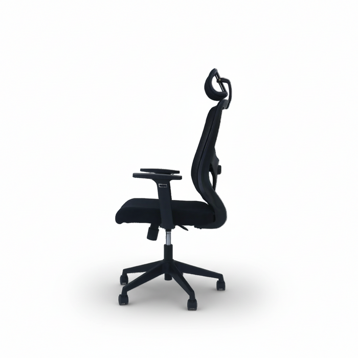 Black executive chair side view with headrest, mesh back, padded seat, and armrests
