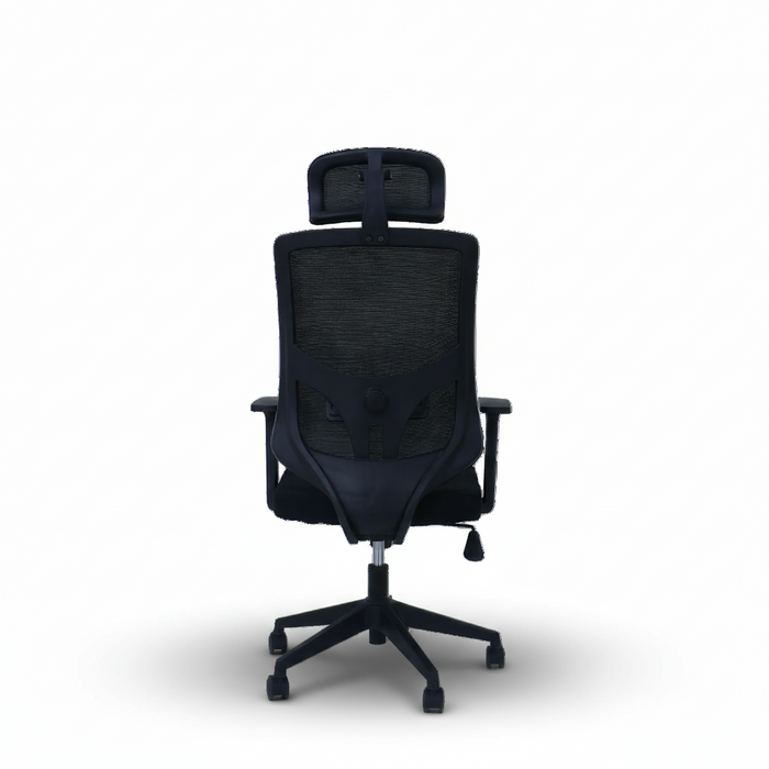 Black executive chair with headrest, mesh back, padded seat, and five-star base