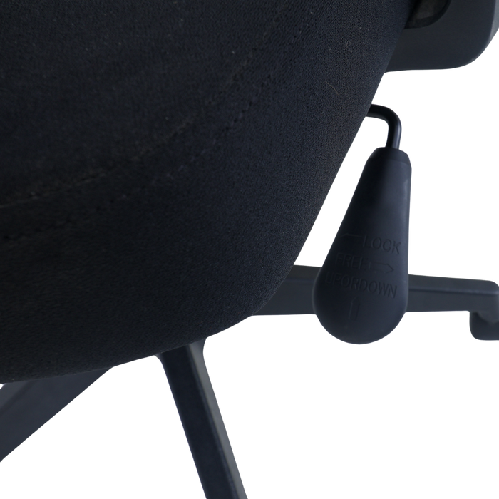 Black seat lever and armrest post on executive chair with textured mesh back