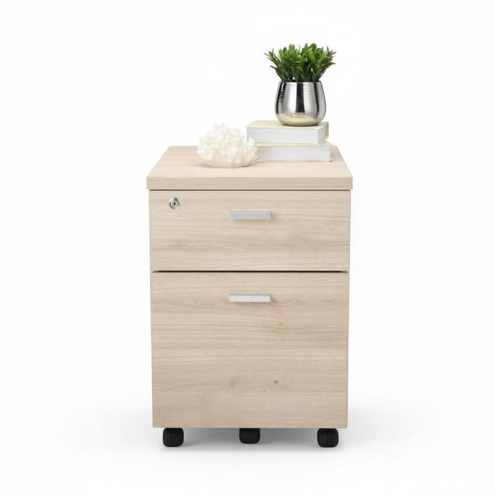 VECTRA mobile pedestal with two drawers, light wood finish, silver pulls, caster wheels