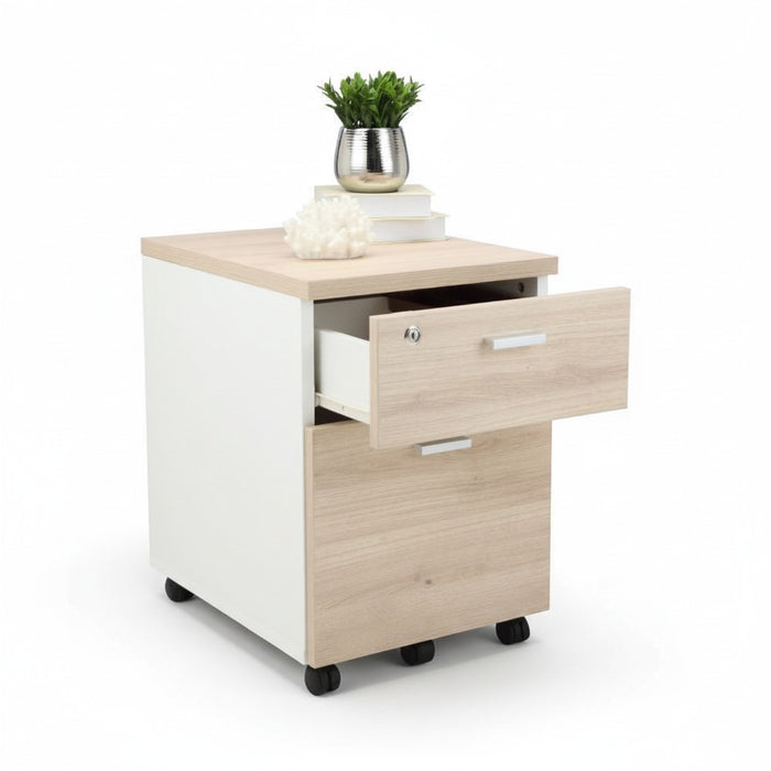 VECTRA mobile pedestal with open drawer, light wood finish, silver pulls, caster feet